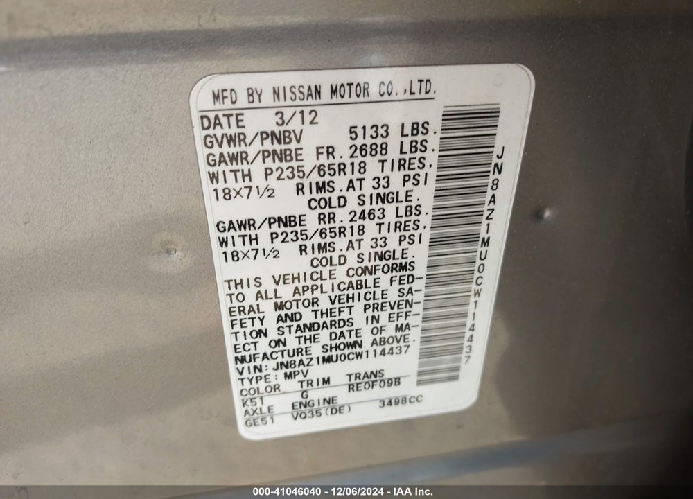 2012 NISSAN MURANO S VIN: JN8AZ1MU0CW114437