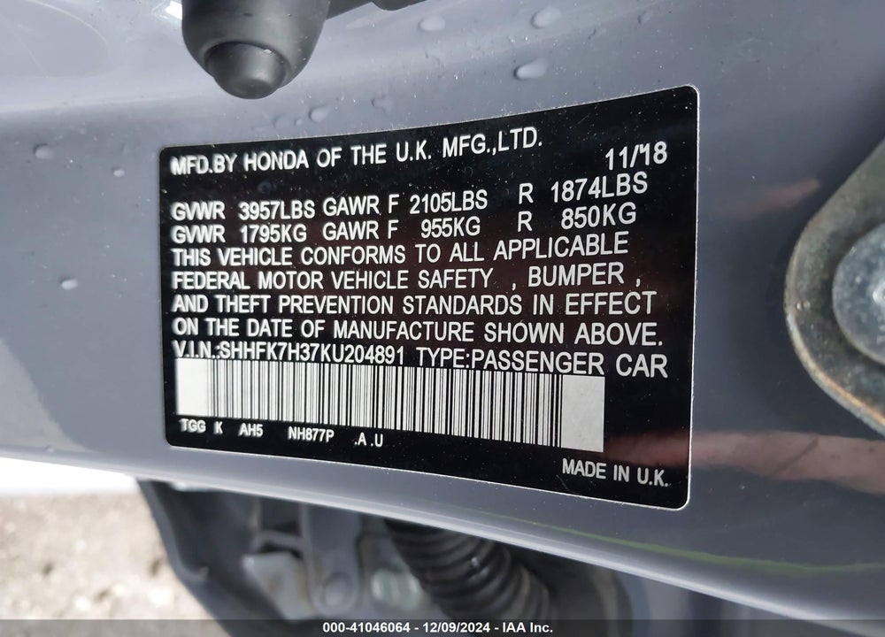 2019 HONDA CIVIC LX VIN: SHHFK7H37KU204891