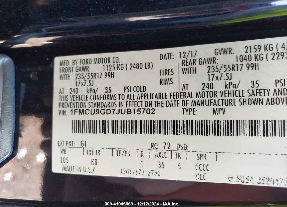 2018 FORD ESCAPE SE VIN: 1FMCU9GD7JUB15702