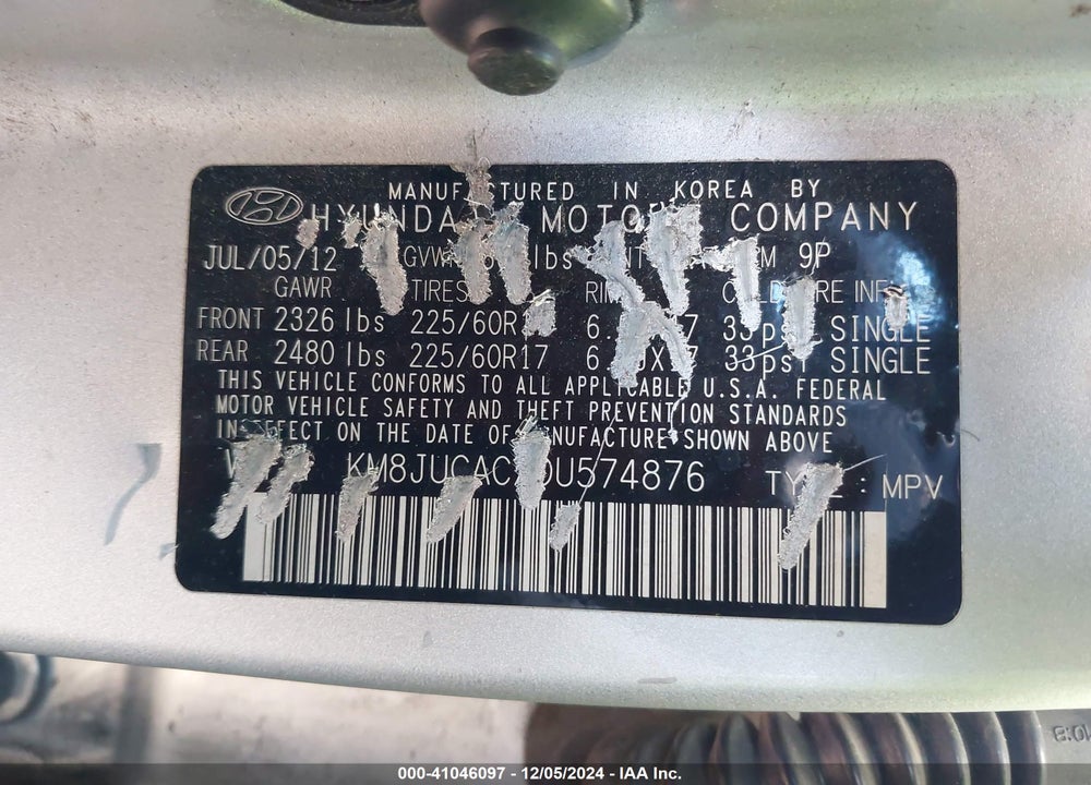 2013 HYUNDAI TUCSON GLS VIN: KM8JUCACXDU574876