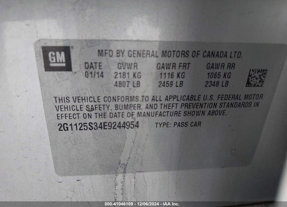 2014 CHEVROLET IMPALA VIN: 2G1125S34E9244954
