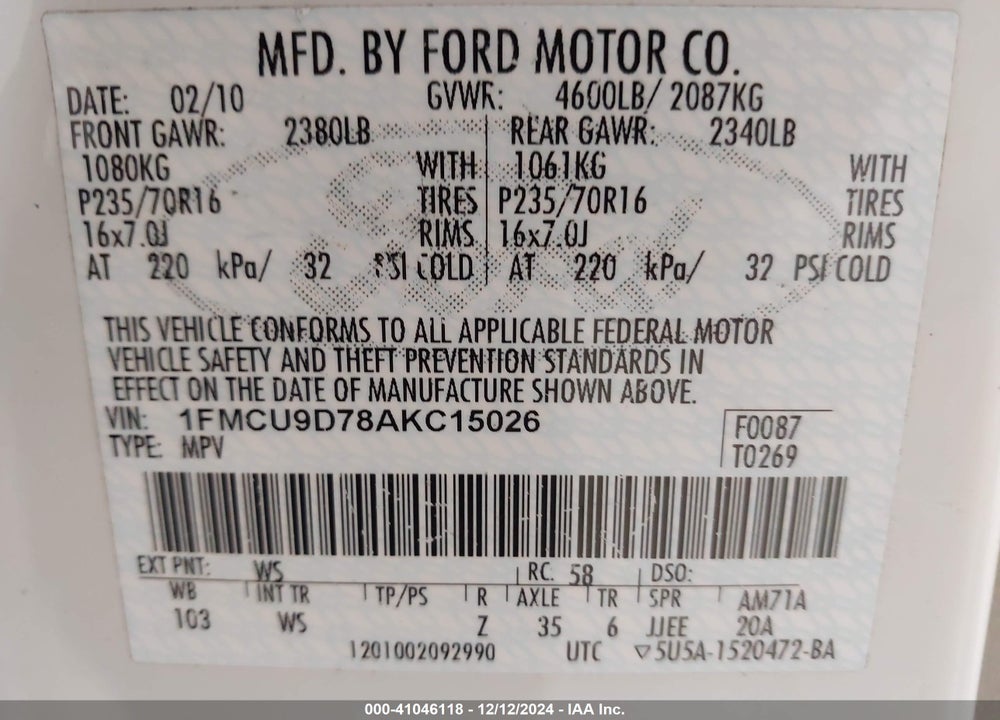 2010 FORD ESCAPE XLT VIN: 1FMCU9D78AKC15026