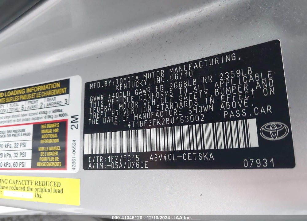 2011 TOYOTA CAMRY SE VIN: 4T1BF3EK2BU163002