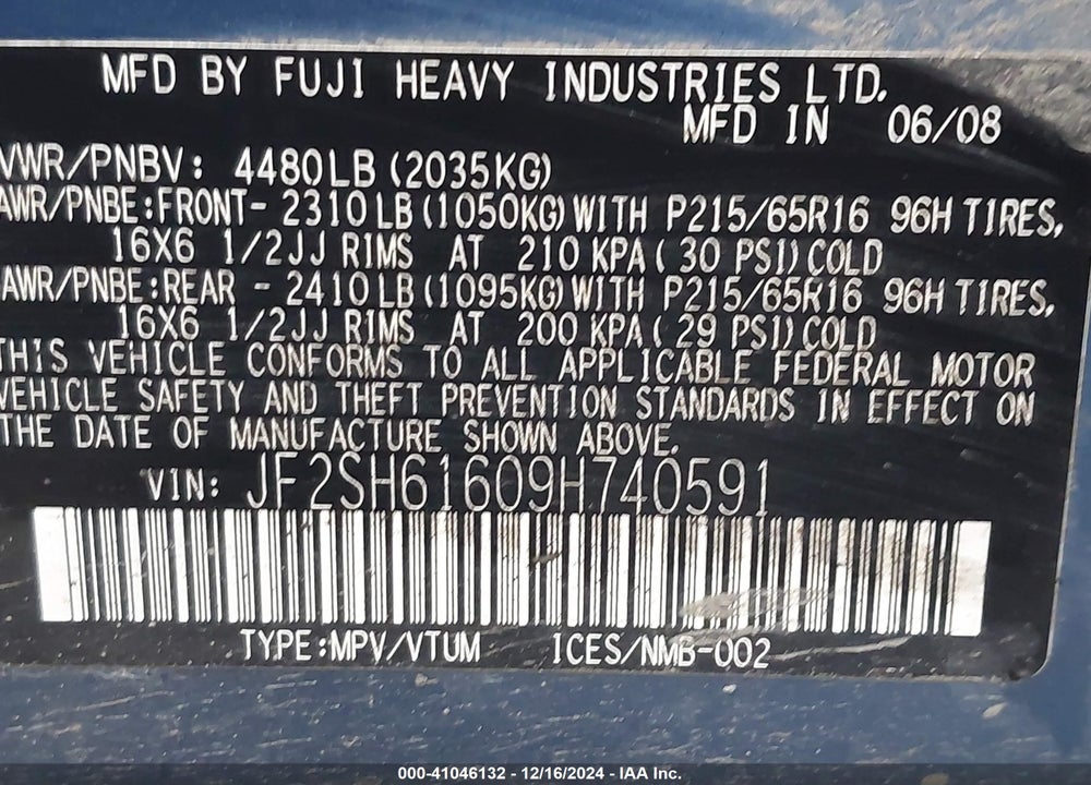 2009 SUBARU FORESTER 2.5X VIN: JF2SH61609H740591