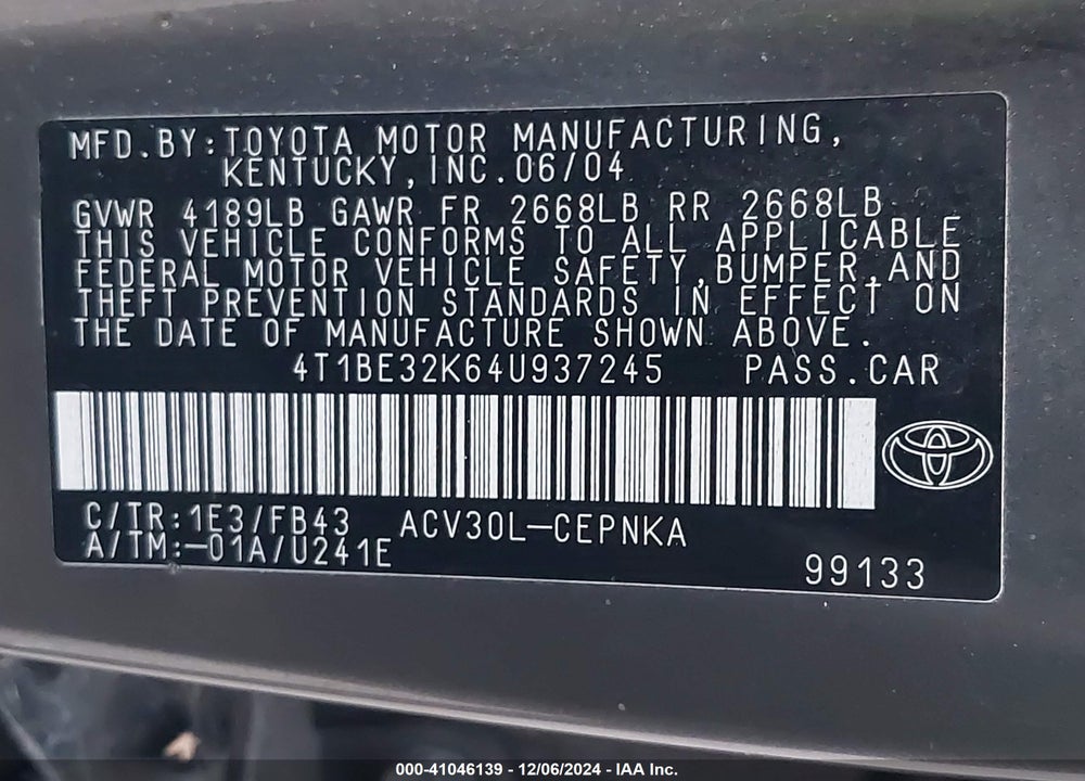 2004 TOYOTA CAMRY LE VIN: 4T1BE32K64U937245