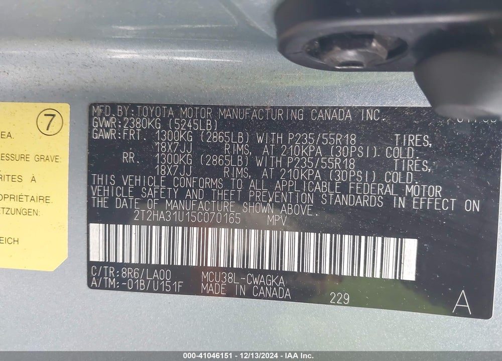 2005 LEXUS RX 330 BASE (A5) VIN: 2T2HA31U15C070165
