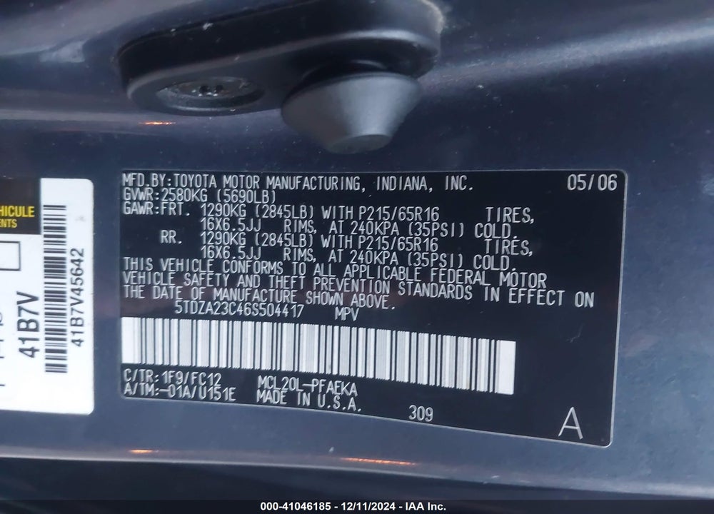 2006 TOYOTA SIENNA LE VIN: 5TDZA23C46S504417