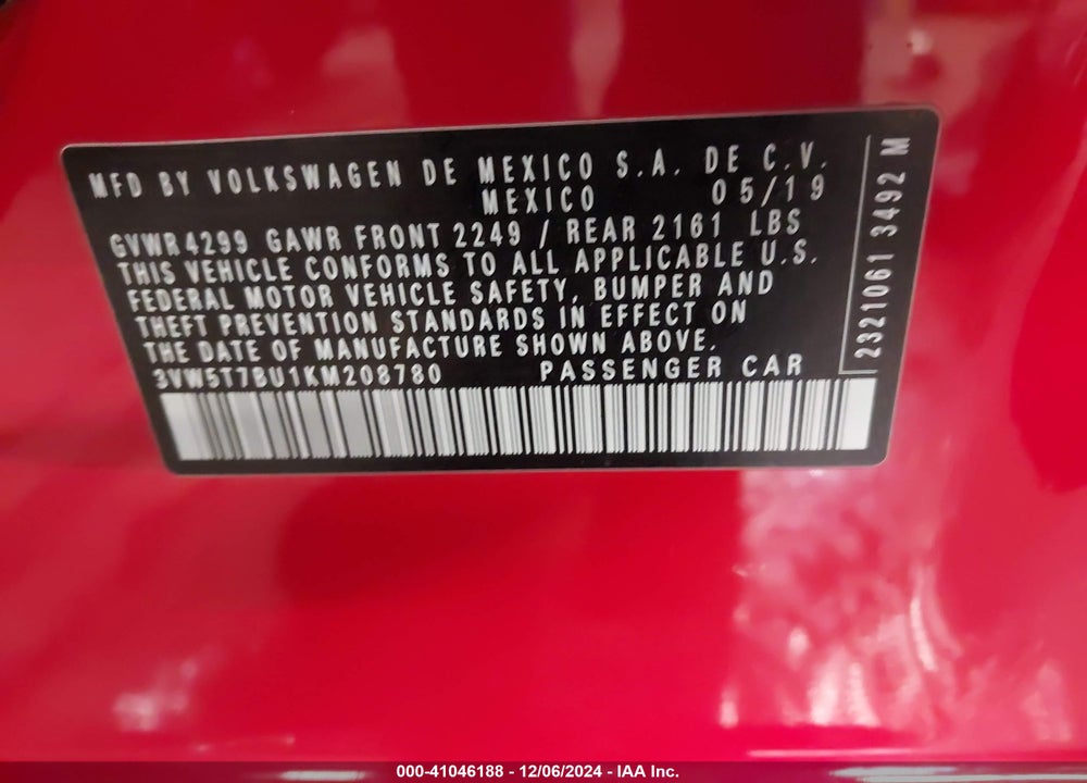 2019 VOLKSWAGEN JETTA GLI 2.0T 35TH ANNIVERSARY EDITION/2.0T AUTOBAHN/2.0T S VIN: 3VW5T7BU1KM208780
