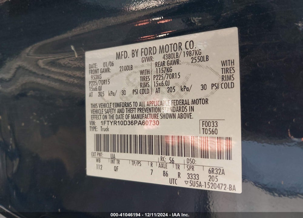 2006 FORD RANGER XL/XLT VIN: 1FTYR10D36PA60730