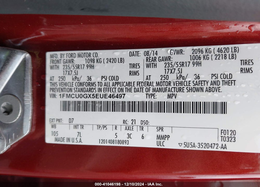 2014 FORD ESCAPE SE VIN: 1FMCU0GX5EUE46497