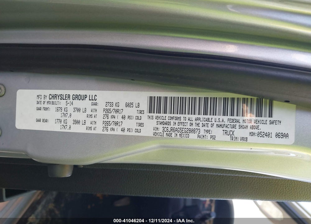 2014 RAM 1500 TRADESMAN VIN: 3C6JR6AG5EG280873