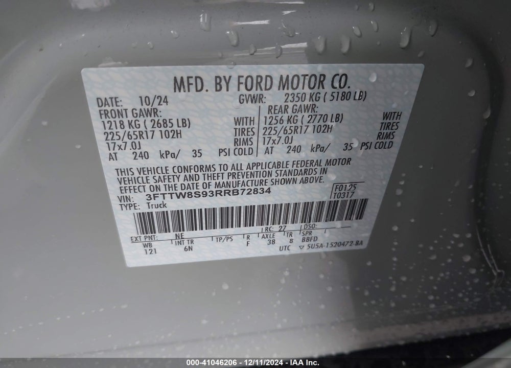 2024 FORD MAVERICK LARIAT VIN: 3FTTW8S93RRB72834