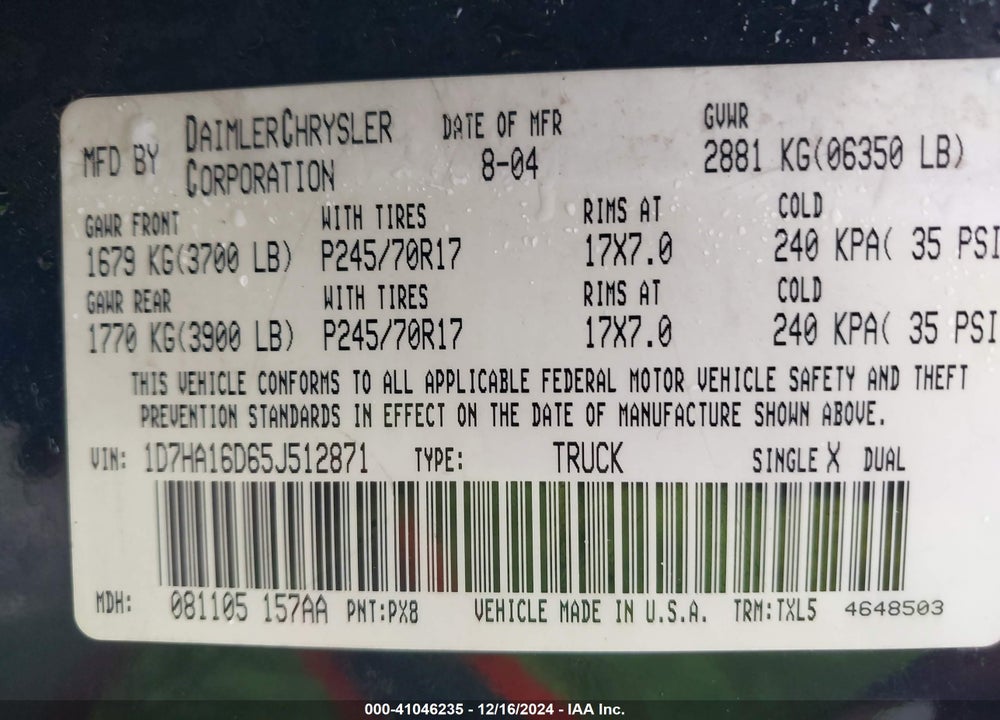 2005 DODGE RAM 1500 ST VIN: 1D7HA16D65J512871