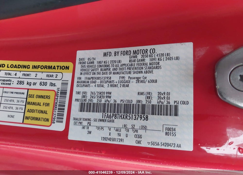 2024 FORD MUSTANG ECOBOOST PREMIUM VIN: 1FA6P8THXR5137958