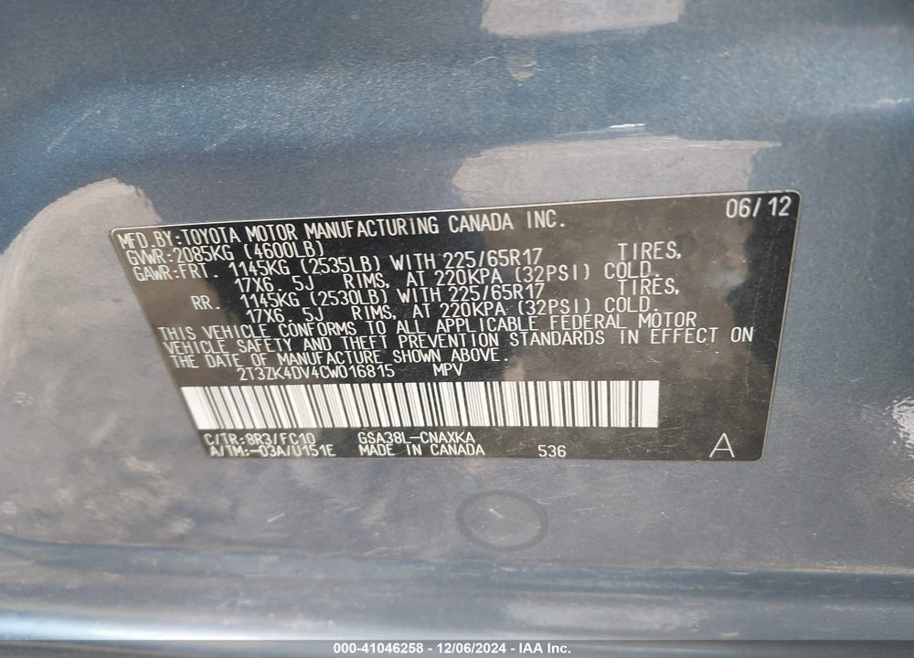 2012 TOYOTA RAV4 BASE V6 VIN: 2T3ZK4DV4CW016815