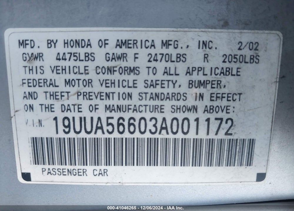 2003 ACURA TL 3.2 VIN: 19UUA56603A001172