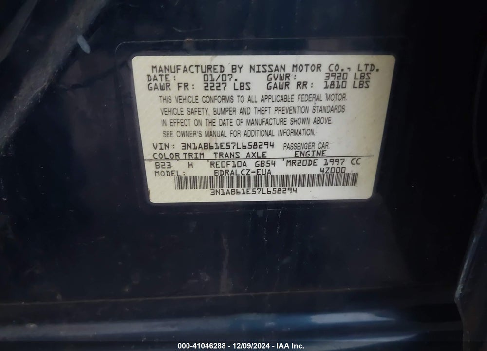 2007 NISSAN SENTRA 2.0 VIN: 3N1AB61E57L658294