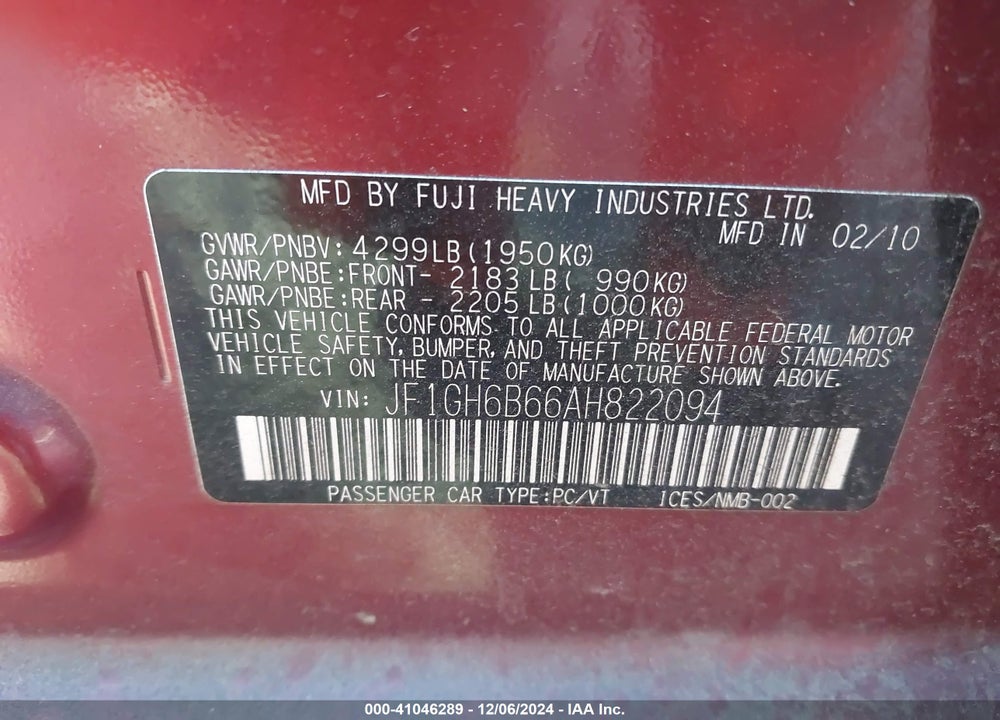 2010 SUBARU IMPREZA 2.5I PREMIUM VIN: JF1GH6B66AH822094