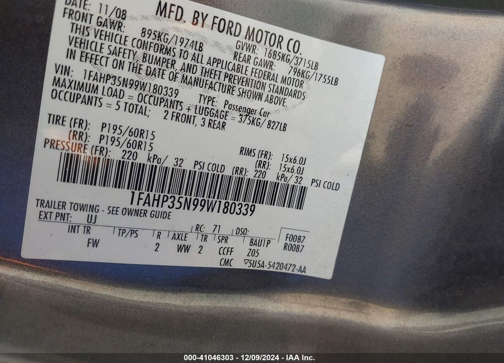 2009 FORD FOCUS SE VIN: 1FAHP35N99W180339