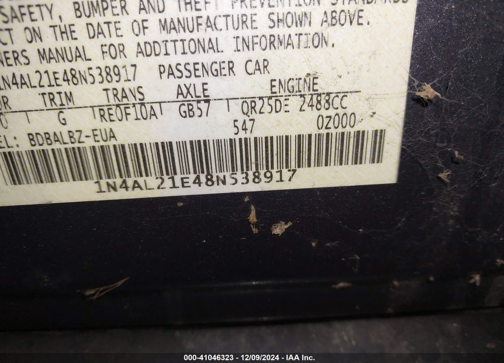 2008 NISSAN ALTIMA 2.5 S VIN: 1N4AL21E48N538917