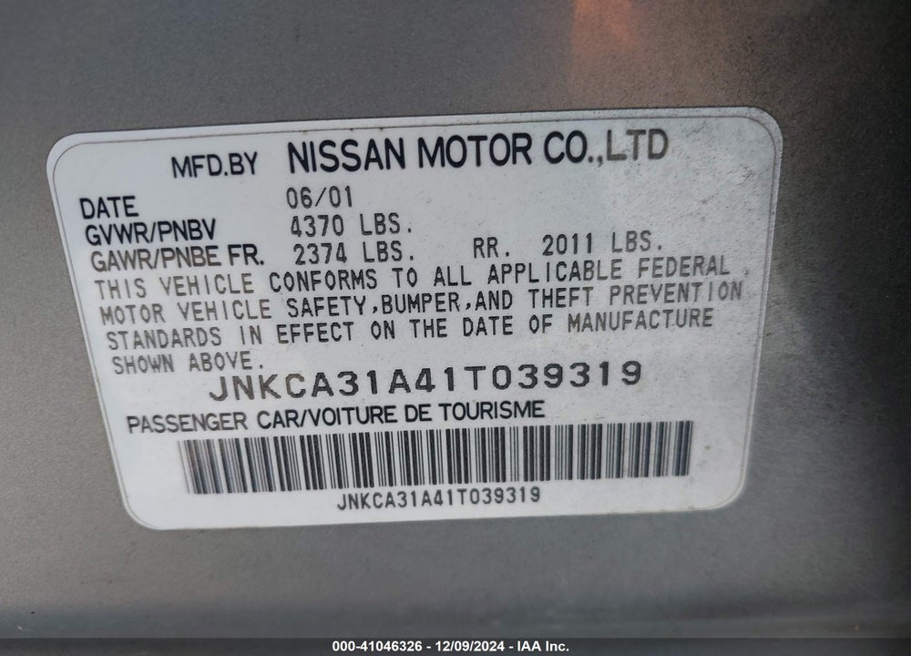 2001 INFINITI I30 LUXURY VIN: JNKCA31A41T039319