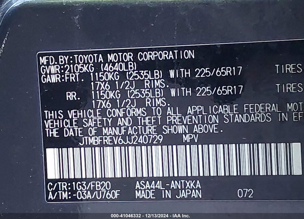 2018 TOYOTA RAV4 LE VIN: JTMBFREV6JJ240729