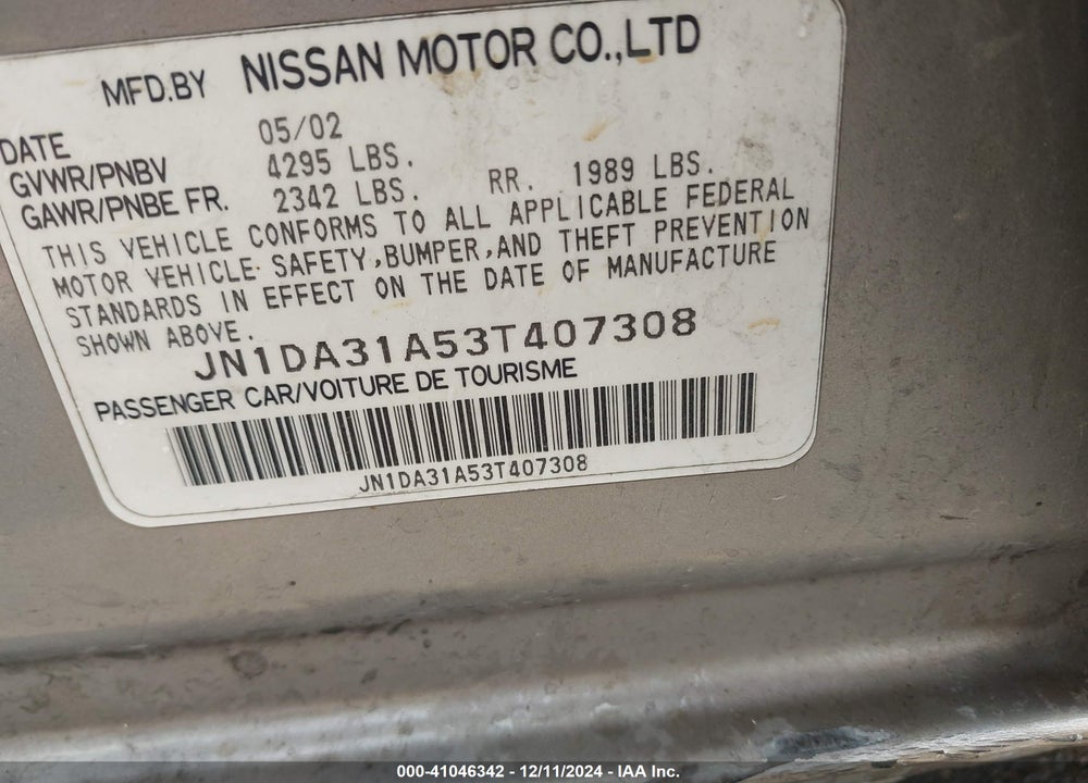 2003 NISSAN MAXIMA GLE VIN: JN1DA31A53T407308