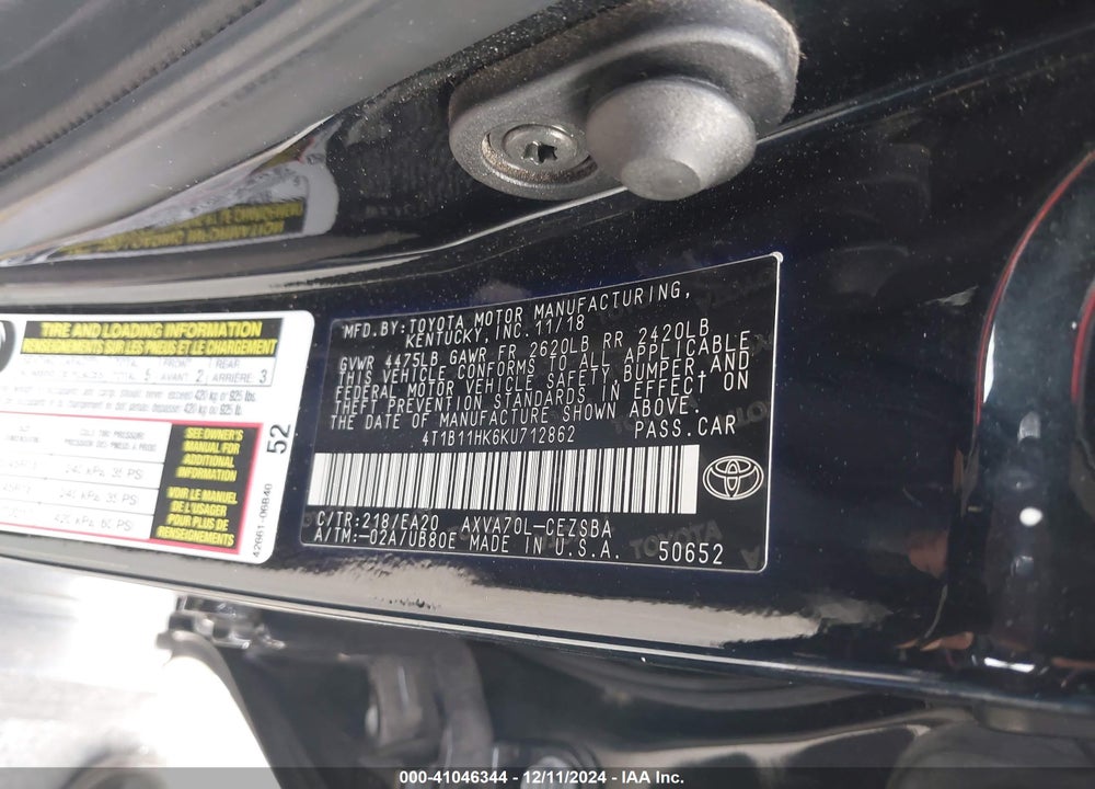 2019 TOYOTA CAMRY SE VIN: 4T1B11HK6KU712862