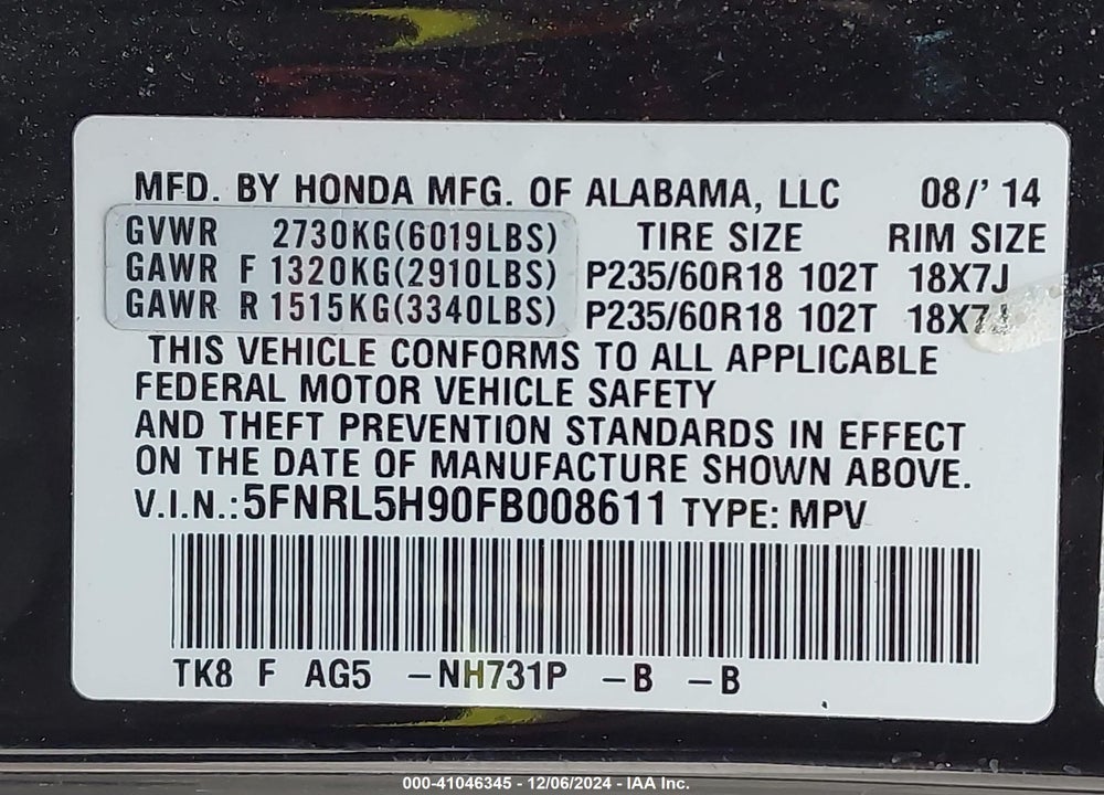 2015 HONDA ODYSSEY TOURING/TOURING ELITE VIN: 5FNRL5H90FB008611