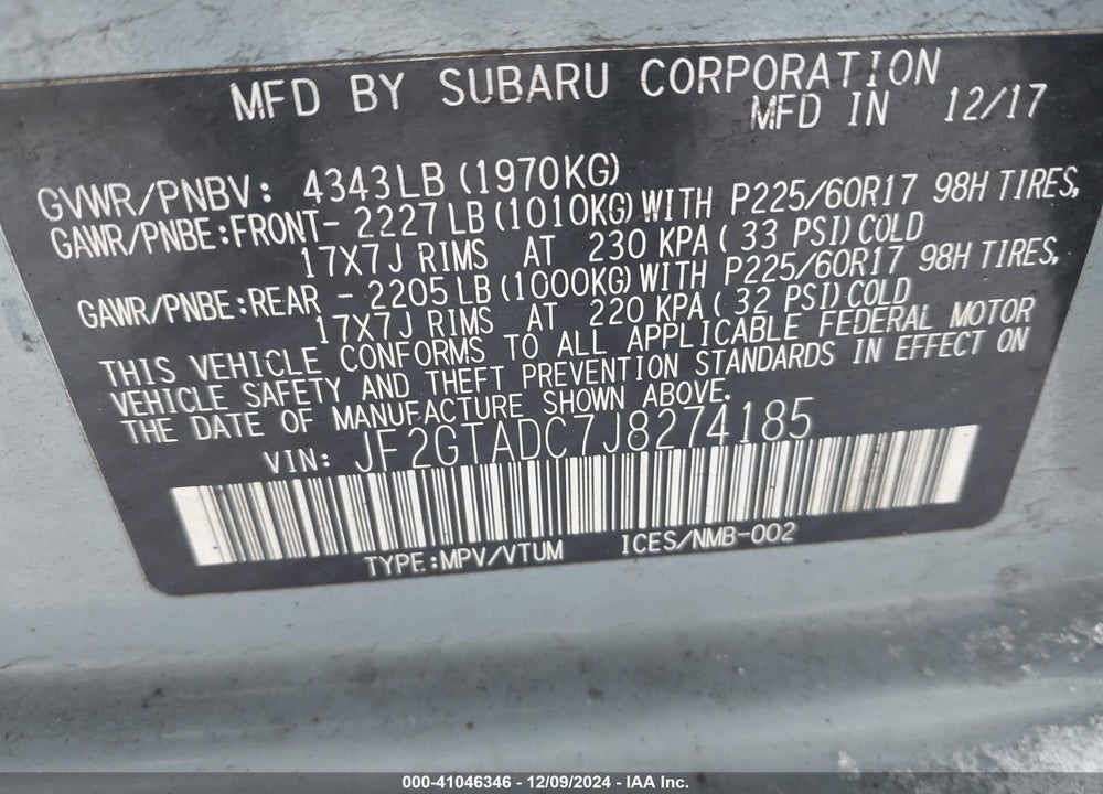 2018 SUBARU CROSSTREK 2.0I PREMIUM VIN: JF2GTADC7J8274185