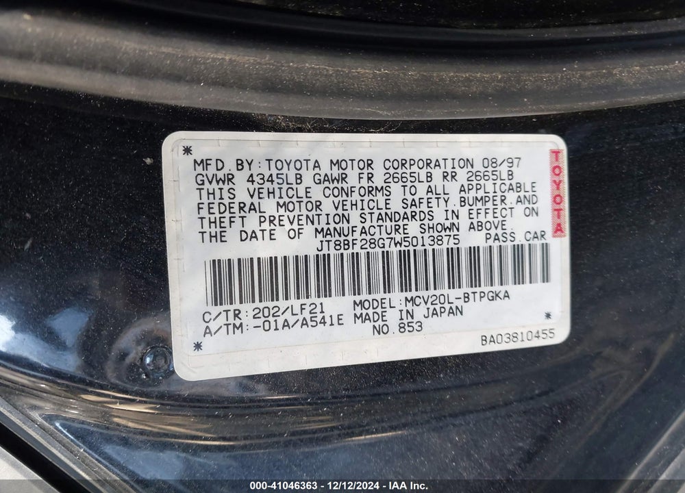 1998 LEXUS ES 300 VIN: JT8BF28G7W5013875