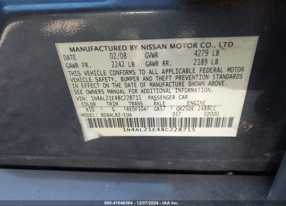 2008 NISSAN ALTIMA 2.5 S VIN: 1N4AL21E48C228715