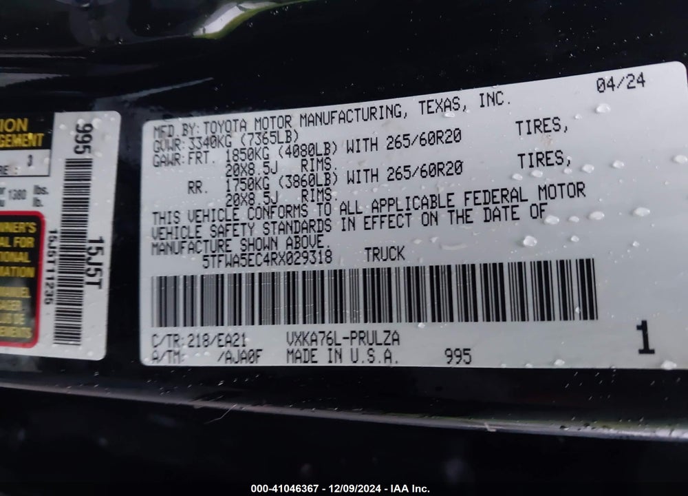 2024 TOYOTA TUNDRA VIN: 5TFWA5EC4RX029318