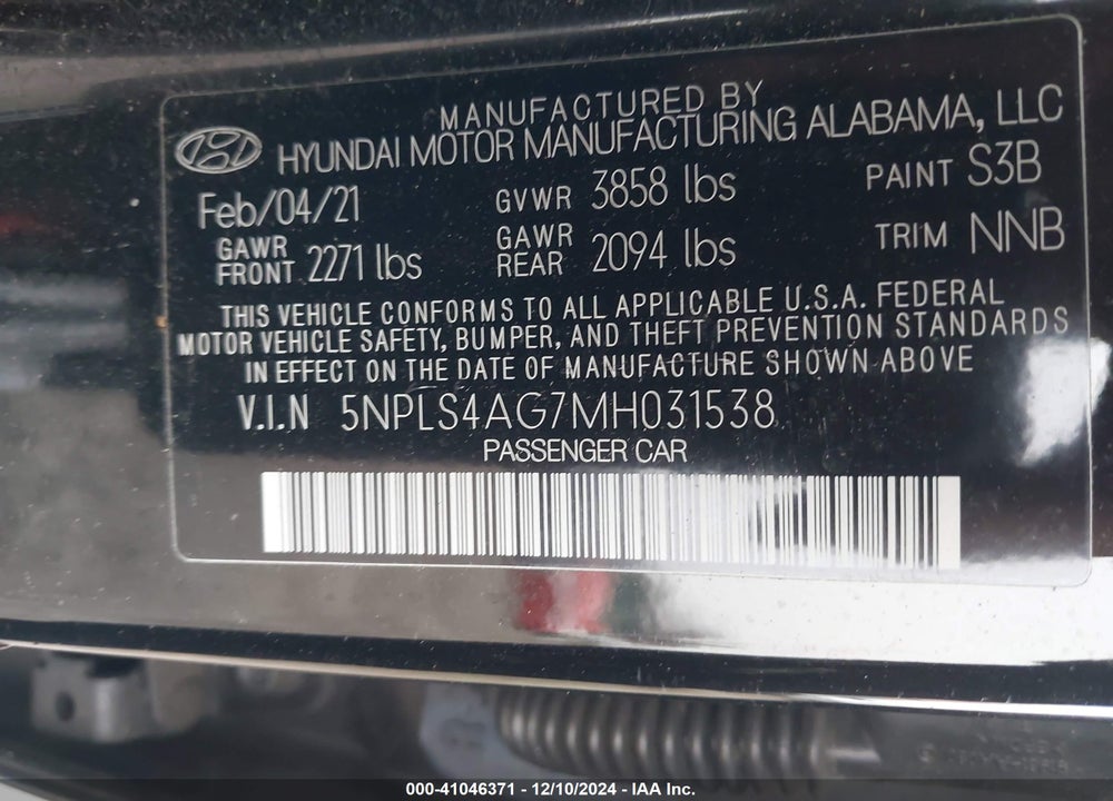 2021 HYUNDAI ELANTRA SEL VIN: 5NPLS4AG7MH031538
