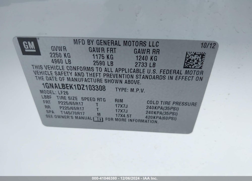 2013 CHEVROLET EQUINOX LS VIN: 1GNALBEK1DZ103308