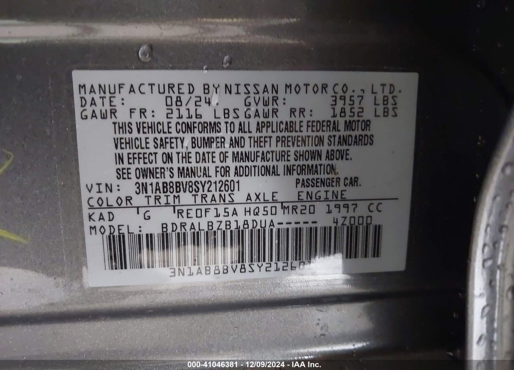 2025 NISSAN SENTRA VIN: 3N1AB8BV8SY212601