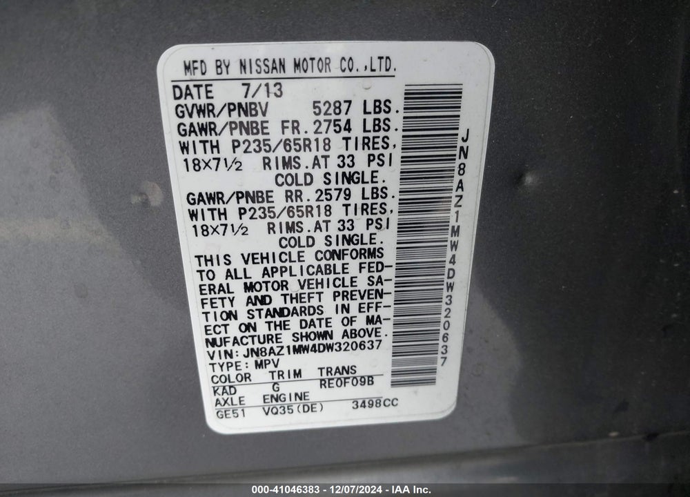 2013 NISSAN MURANO SL VIN: JN8AZ1MW4DW320637