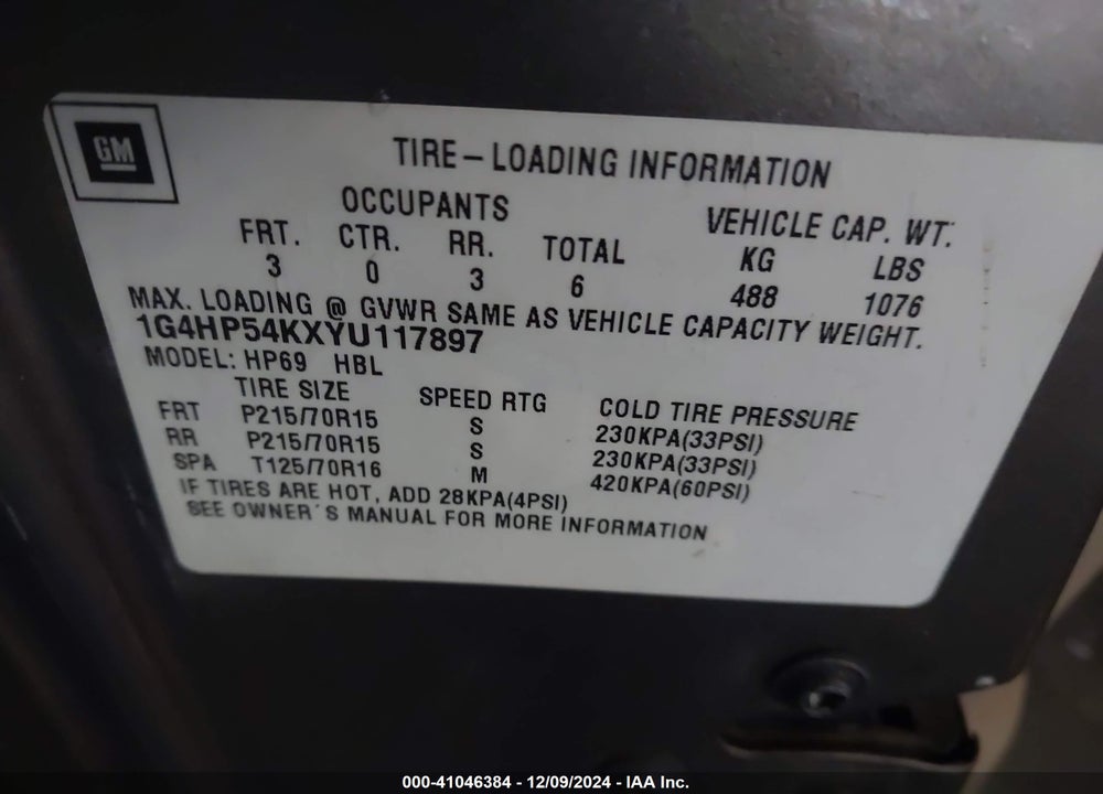 2000 BUICK LESABRE CUSTOM VIN: 1G4HP54KXYU117897