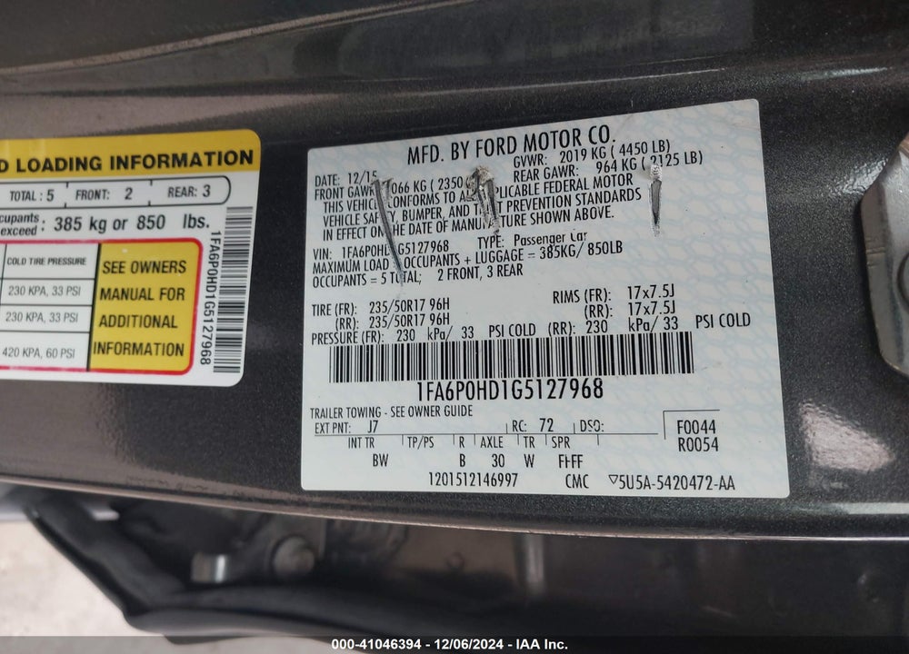 2016 FORD FUSION SE VIN: 1FA6P0HD1G5127968