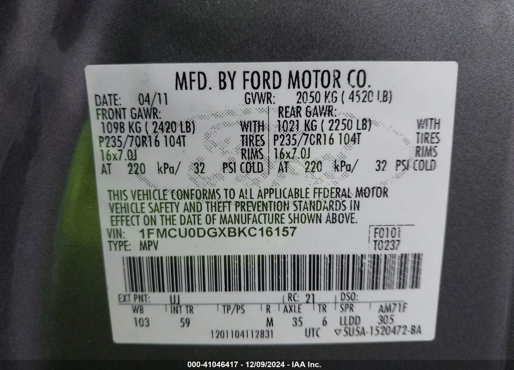 2011 FORD ESCAPE XLT VIN: 1FMCU0DGXBKC16157