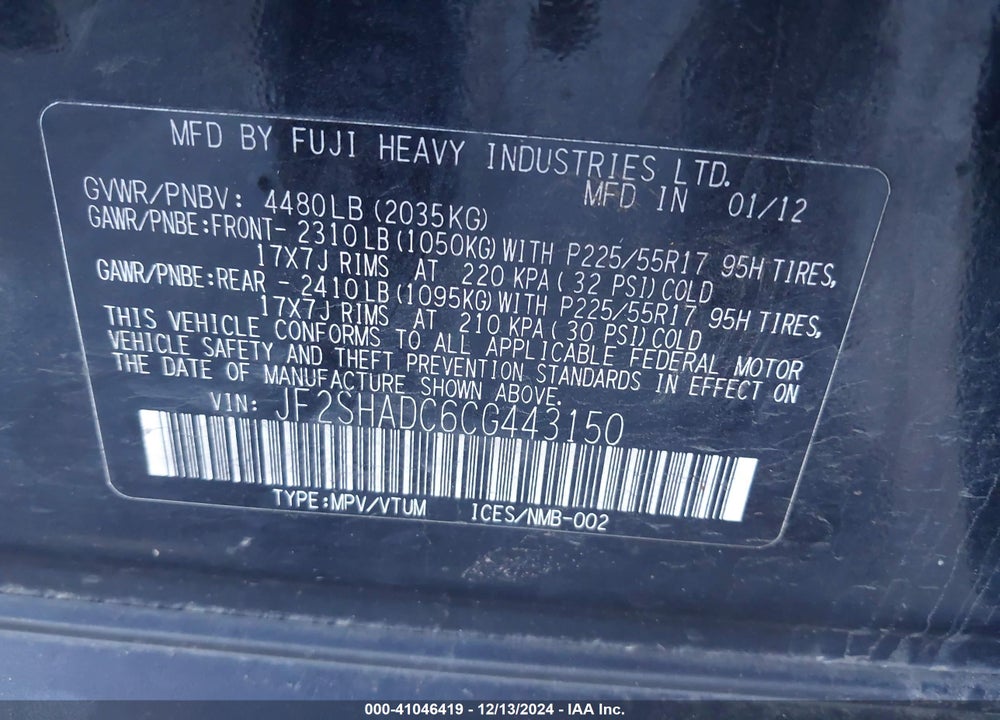 2012 SUBARU FORESTER 2.5X PREMIUM VIN: JF2SHADC6CG443150