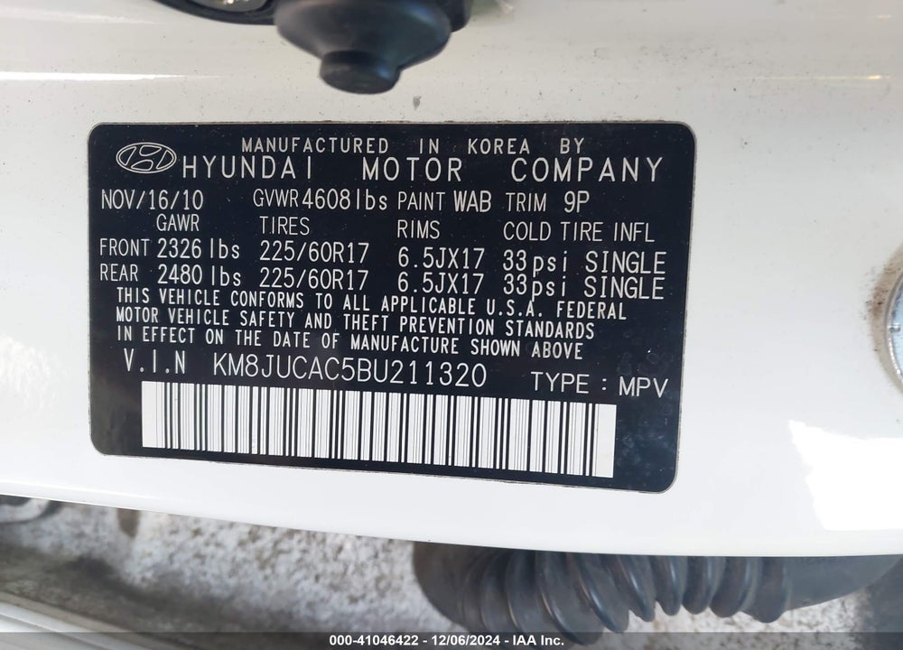 2011 HYUNDAI TUCSON GLS VIN: KM8JUCAC5BU211320