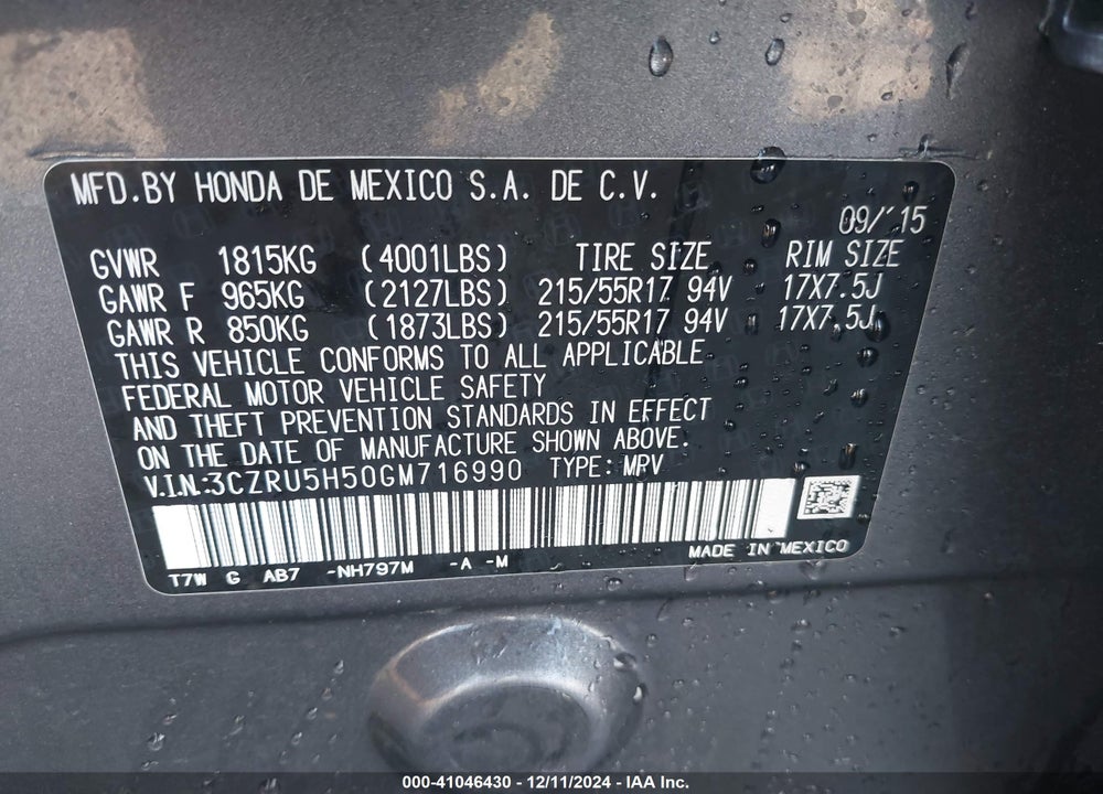2016 HONDA HR-V EX VIN: 3CZRU5H50GM716990