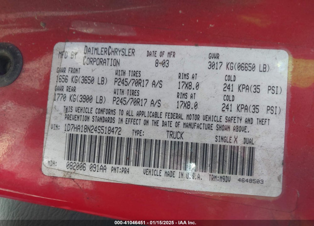 2004 DODGE RAM 1500 SLT/LARAMIE VIN: 1D7HA18N24S518472