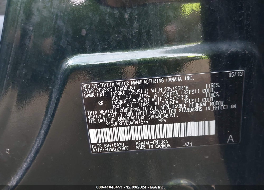 2013 TOYOTA RAV4 LIMITED VIN: 2T3DFREV0DW044574