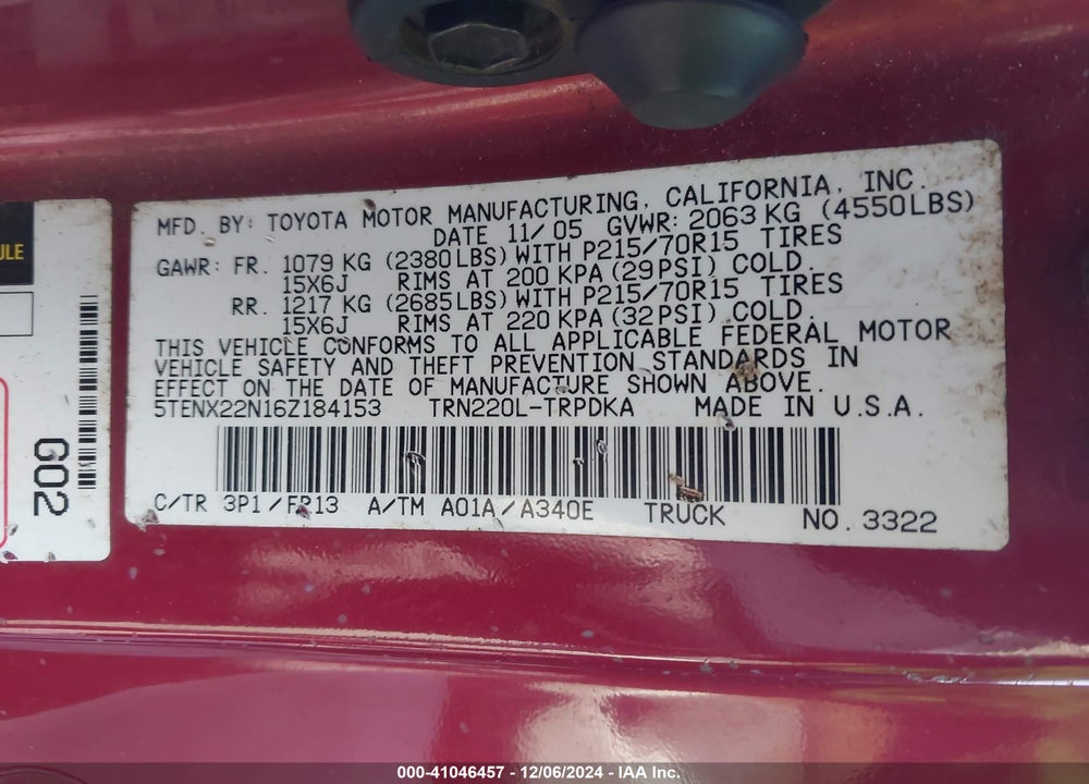 2006 TOYOTA TACOMA VIN: 5TENX22N16Z184153