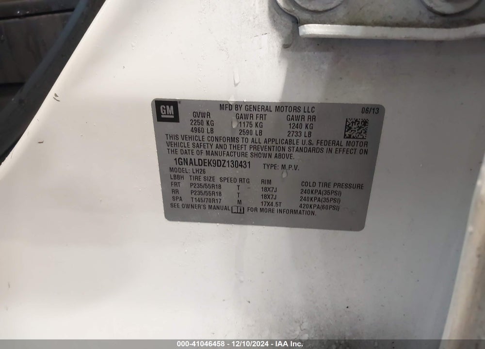 2013 CHEVROLET EQUINOX 1LT VIN: 1GNALDEK9DZ130431