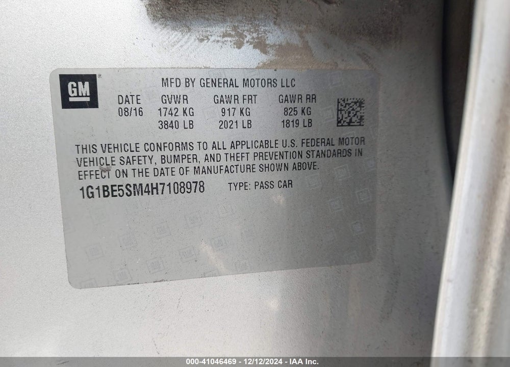 2017 CHEVROLET CRUZE LT AUTO VIN: 1G1BE5SM4H7108978