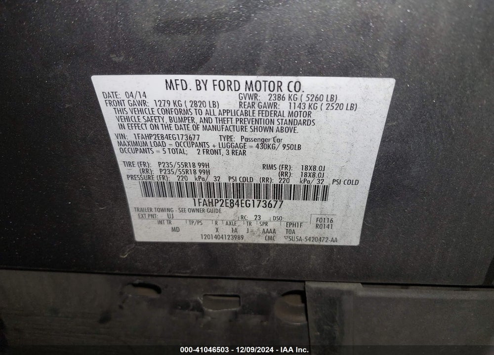 2014 FORD TAURUS SEL VIN: 1FAHP2E84EG173677