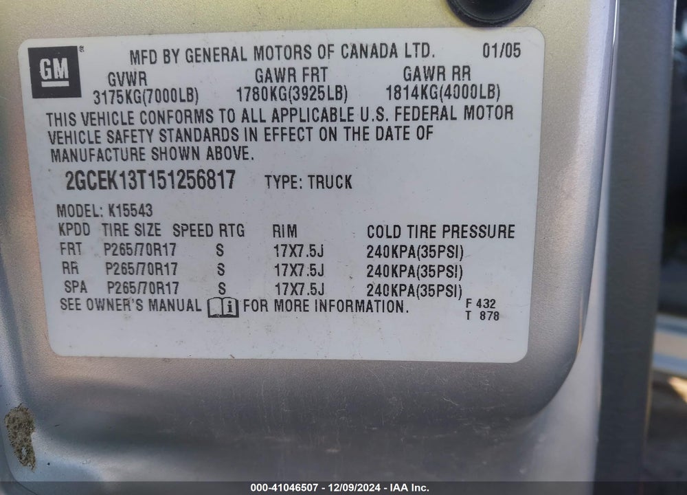 2005 CHEVROLET SILVERADO 1500 Z71 VIN: 2GCEK13T151256817